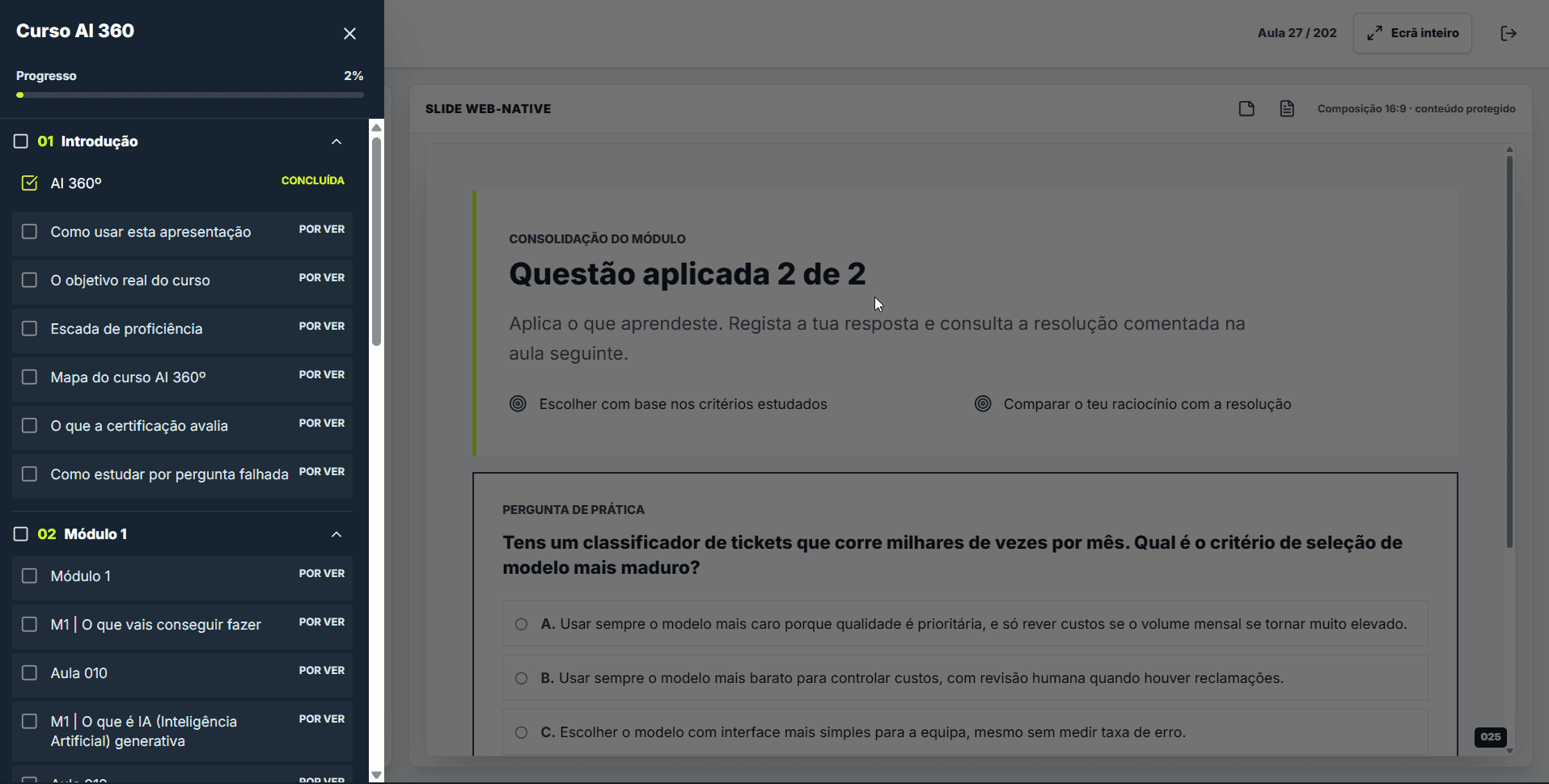 Player do Curso AI 360 com o navegador aberto e o índice de módulos e aulas visível.